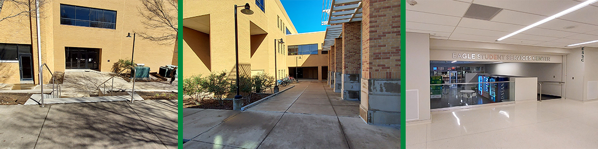 Left to right: Doors facing quad field, First Floor Breezeway, Indoor Union Entrance.