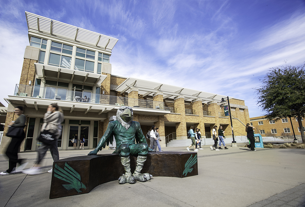 Integrated Student Services split image unt eagle scrappy statue in front of buildin